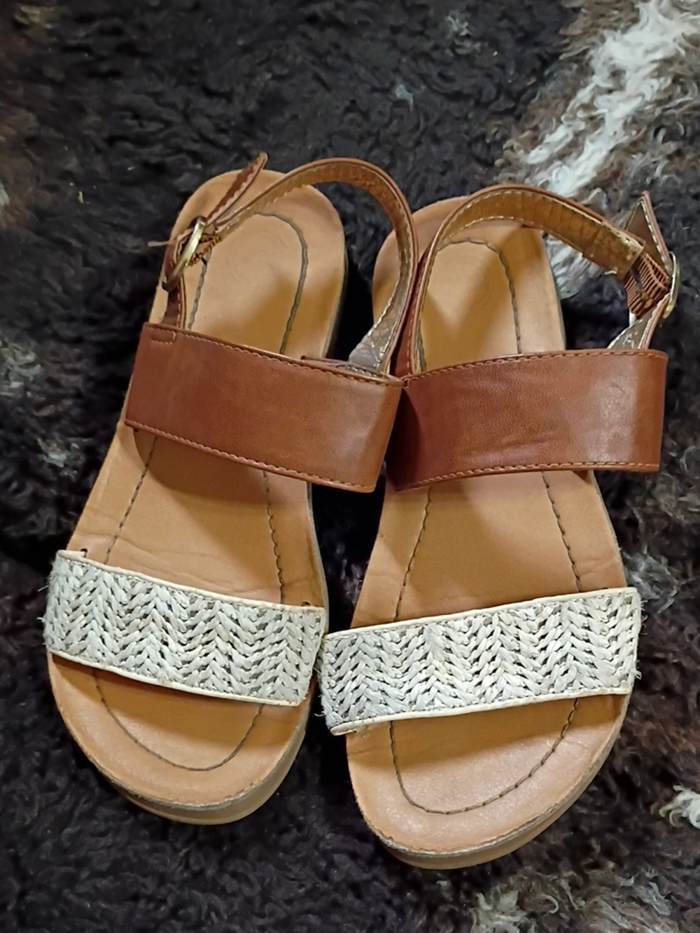 wonder nation Brown and Ivory Woven Strap Slingback Sandals